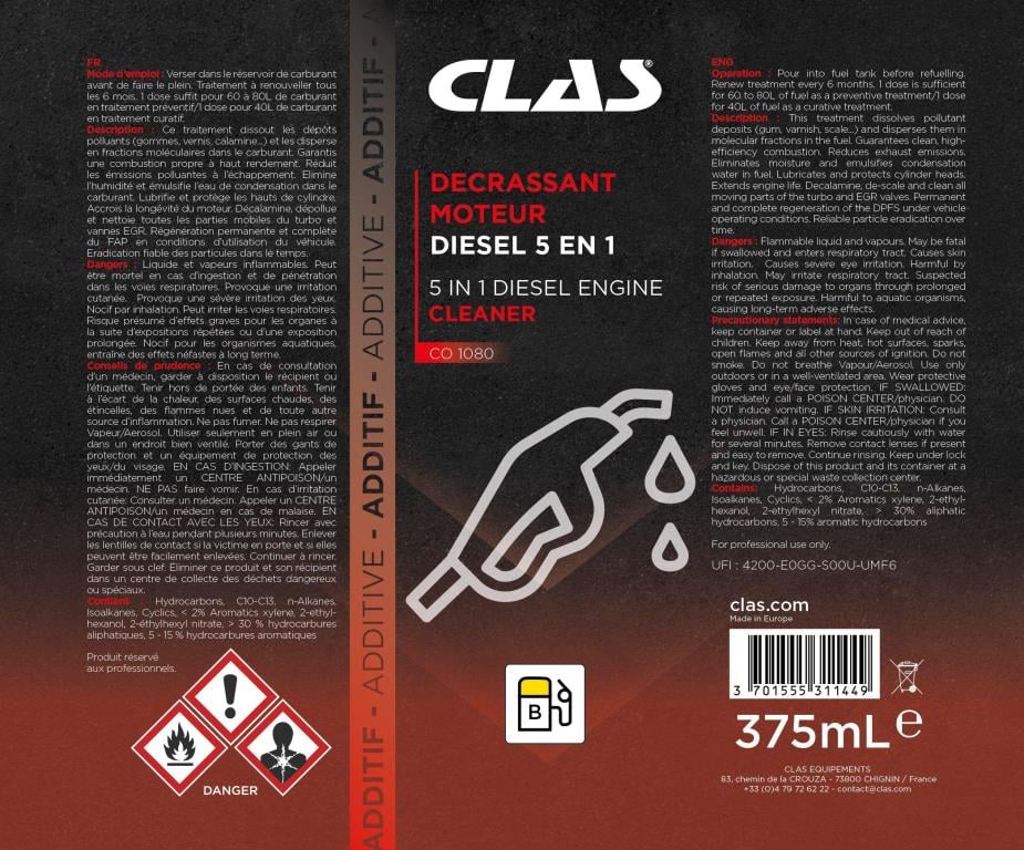 Nettoyant Moteur (Traitement moteur) CLAS Décrassant moteur diesel 5 en 1 - ref. CO 1080